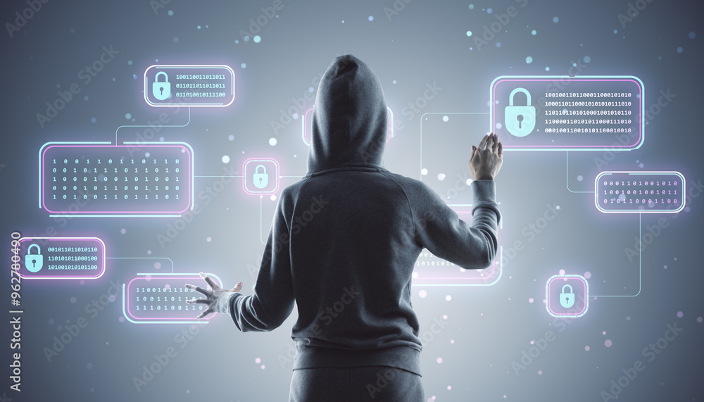 Aufkleber Person in a hoodie interacts with digital locks and binary code on a futuristic virtual screen.