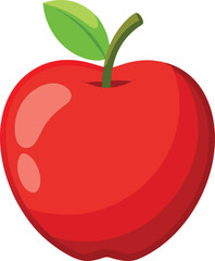 A simple, vibrant illustration of a shiny red apple with smooth curves and soft reflections on its surface. The apple has a small brown stem at the top, with a bright green leaf attached to it. The de