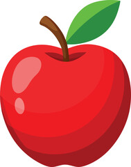 A simple, vibrant illustration of a shiny red apple with smooth curves and soft reflections on its surface. The apple has a small brown stem at the top, with a bright green leaf attached to it. The de