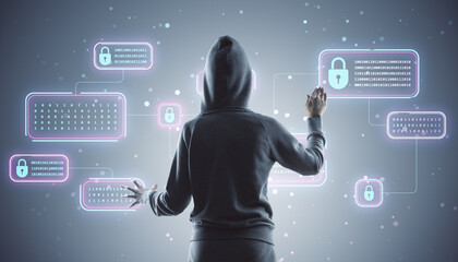 Person in a hoodie interacts with digital locks and binary code on a futuristic virtual screen.
