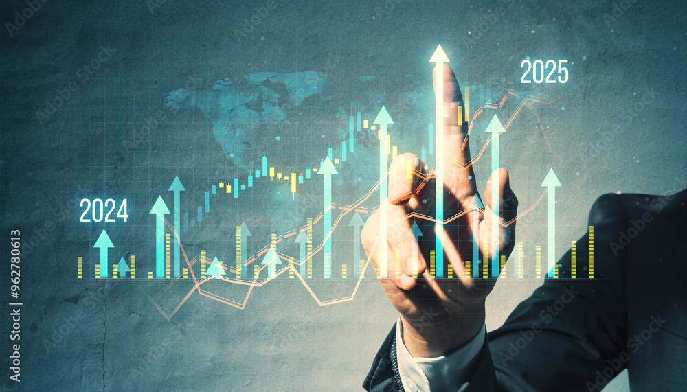 Poster Business professional pointing at a rising virtual graph with arrows indicating growth for 2024 and 2025.