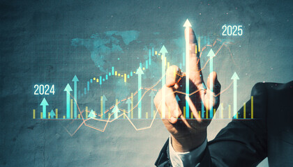 Business professional pointing at a rising virtual graph with arrows indicating growth for 2024 and 2025.