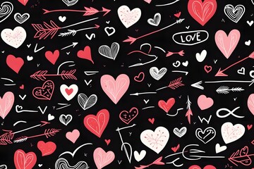 A whimsical doodle style design with hearts arrows and love notes in red white and pink on a black, AI Generated