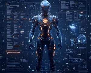 Futuristic Cyborg 3D Illustration with Orange and Blue Lights