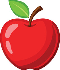 A simple, vibrant illustration of a shiny red apple with smooth curves and soft reflections on its surface. The apple has a small brown stem at the top, with a bright green leaf attached to it. The de