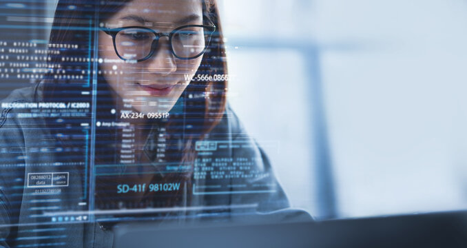 Data science, software development concept. Data analyst coding on laptop computer with big data on virtual screen, database management, digital technology, innovative background