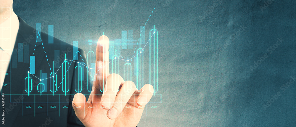 Poster businessman touching a virtual financial graph on a digital interface.