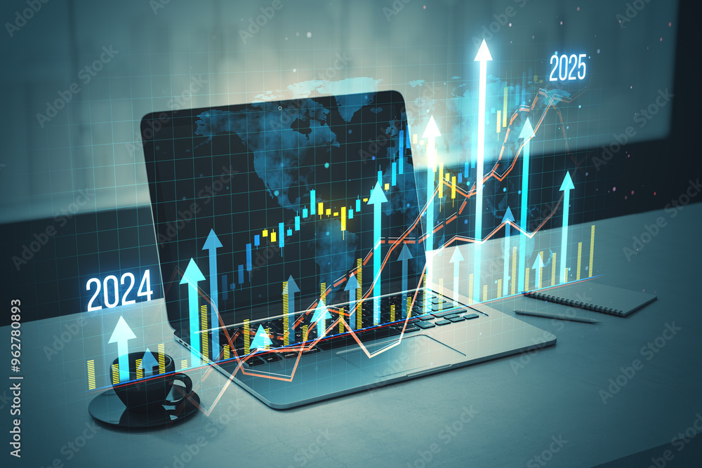 Poster Digital graphs and charts displaying business growth on a laptop screen with futuristic holographic overlays.