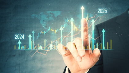 Businessman pointing at a digital graph displaying upward trends with arrows indicating growth and progress on a dark background.