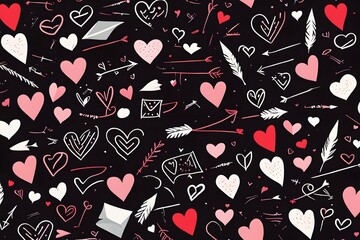 A whimsical doodle style design with hearts arrows and love notes in red white and pink on a black, AI Generated
