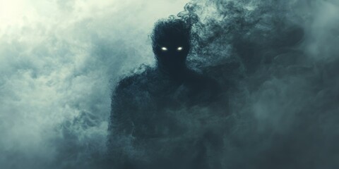 Fototapeta premium Dark figure emerges from swirling smoke.