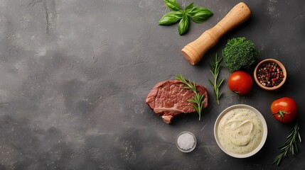 Herb cream sauce in a fine dining setup, paired with grilled steak and vegetables, showcasing its rich flavor.