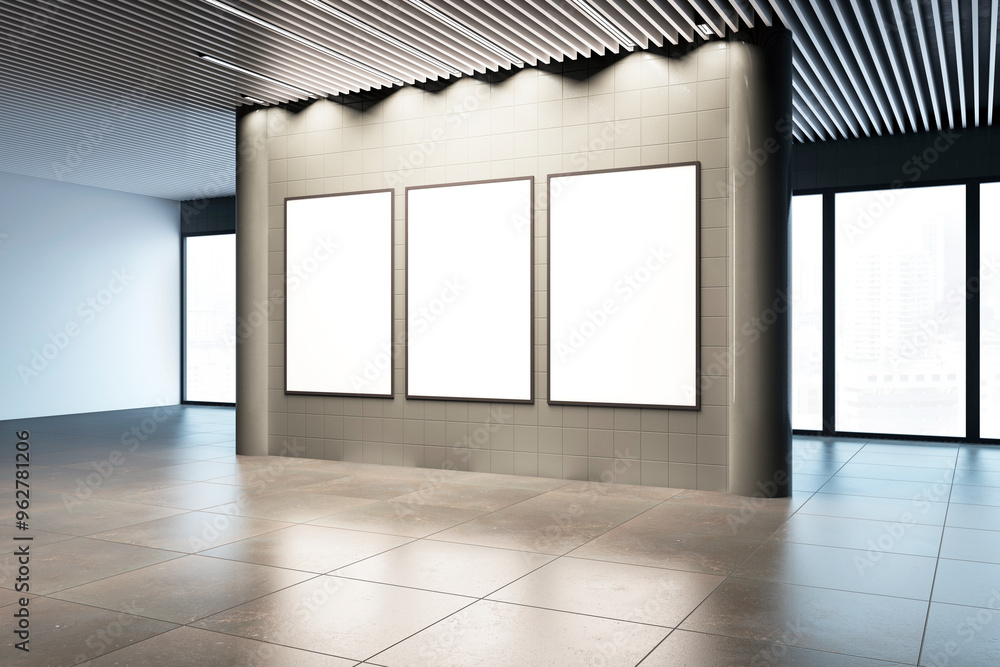 Poster Modern gallery room with three blank posters on a tiled wall. 3D Rendering