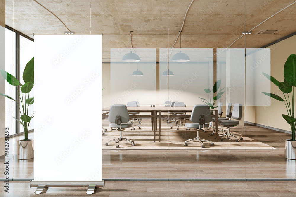 Poster empty modern conference room with glass walls and rollup banner stand. 3d rendering