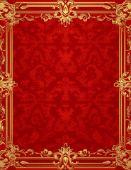 Red and gold patterned background with an ornate, decorative border vector illustration in a vintage style.