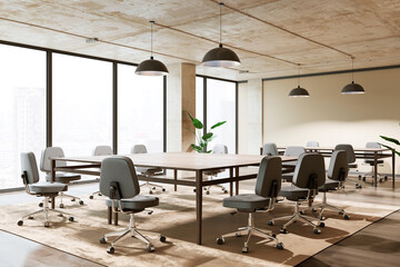 Modern conference room with wooden tables and office chairs. 3D Rendering