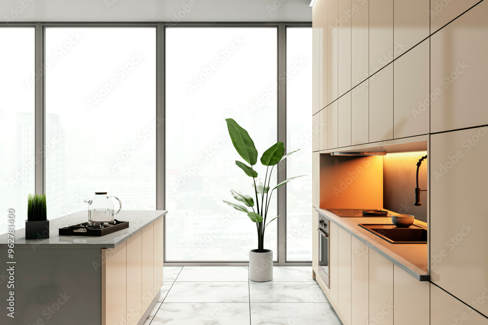 Aufkleber modern empty kitchen interior with city view through large windows. 3d rendering
