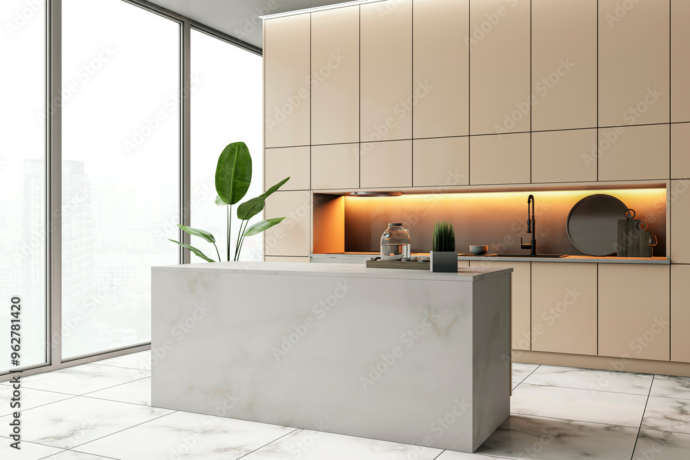 Aufkleber modern empty kitchen interior with marble island and city view through large windows. 3d rendering