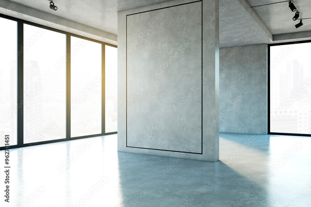 Poster empty modern office interior with large windows and concrete walls. 3d rendering