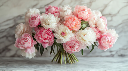 A detailed photo of a bouquet of peonies in soft pastel shades, placed on a marble countertop with natural light streaming in