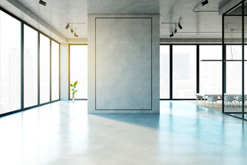 Modern office interior with large windows and city view. 3D Rendering