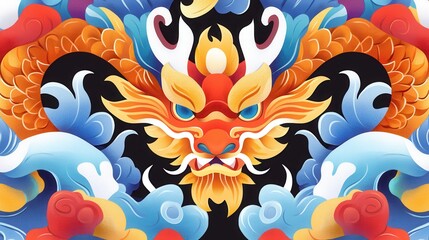 Fototapeta premium A vibrant dragon illustration featuring intricate designs and colorful patterns against a black backdrop, symbolizing strength and power.
