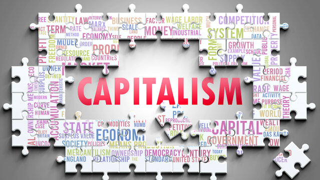 Capitalism as a complex subject, related to important topics. Pictured as a puzzle and a word cloud made of most important ideas and phrases related to capitalism. ,3d illustration
