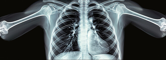 X ray image of a human chest, showing the rib cage, lungs, and heart.