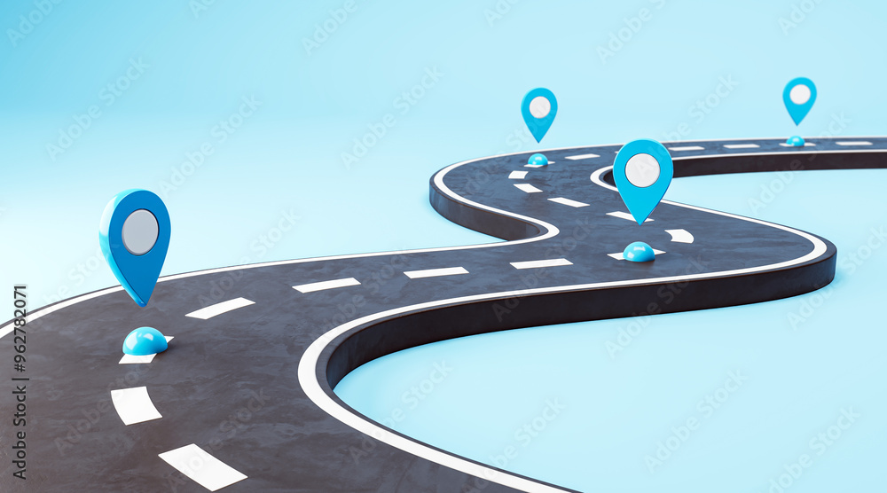 Aufkleber Road with navigation markers on a winding path. 3D Rendering