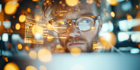 Developer working intently on coding tasks at a modern workspace with digital overlays in a vibrant tech environment