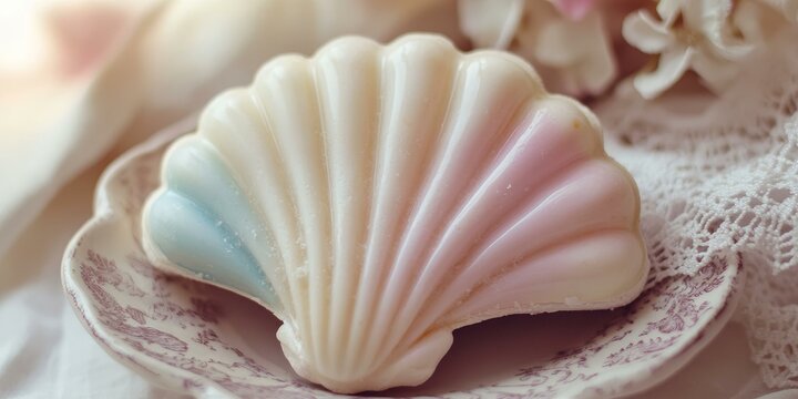 Pastel seashell soap on a patterned dish.