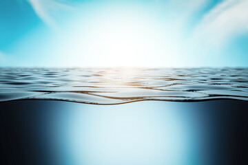 Sunlit water surface with underwater view in blue sky background. 3D Rendering