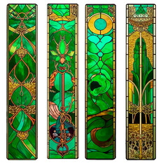 A set of four vertical designs with stained glass windows in shades of emerald and gold and a place for text, antique book bookmarks, a collection of modular paintings.
