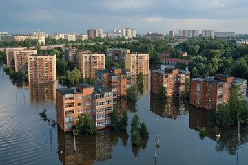 Naklejka premium Flooded cityscape aerial view shows densely populated residential buildings partially submerged in water. City brick and stone structures stand tall amidst gloomy cloudy atmosphere.