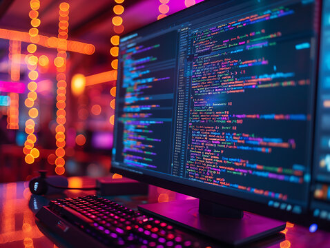 High-tech computer setup with vibrant code display, representing advanced software development, cybersecurity, and cutting-edge technology in a futuristic workspace illuminated by neon lights