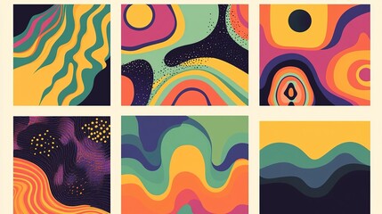 Obraz premium Collection of 70s color gradient poster background vector. Set of retro wall decoration, groovy, trippy, geometric shape. Vintage hippie wall art for interior, decorative, banner, cover, card. 