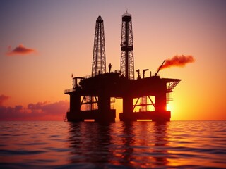 Obraz premium Offshore Oil Rig Silhouette at Sunset