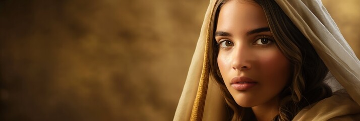 Beautiful young woman from ancient times in traditional attire. Middle Eastern culture influence. Elegant facial features, long hair, modest clothing.