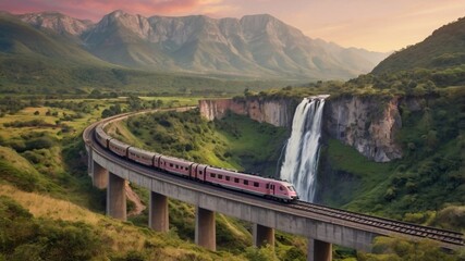 Train on a railways in a countryside with a fascinating mountain ranges view and a falls, perfect for travelers who love natures and train
