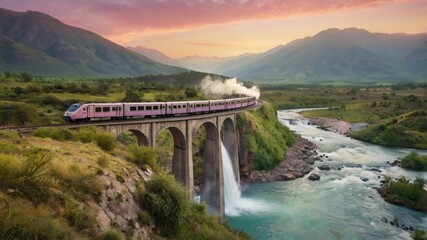 Train on a railway bridge in a countryside with a fascinating mountain ranges view and a falls, perfect for travelers who love natures and train at the same time
