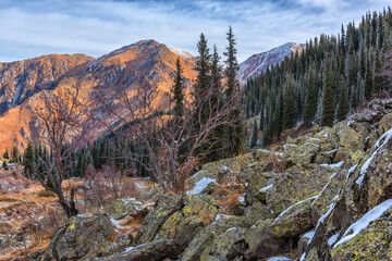 Picturesque autumn views in the Trans-Ili Alatau mountains in the vicinity of the Kazakh city of Almaty after the first frost