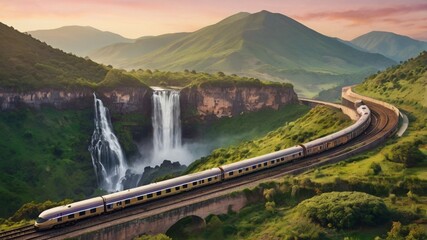 Breathtaking view of mountain ranges and falls with a train passing by, a perfect spot for travellers who love natures and trains