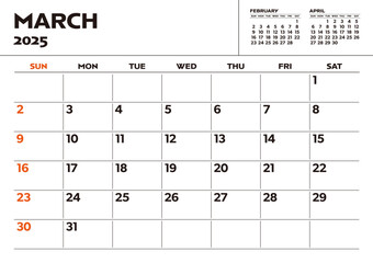 Simple desktop calendar for 2025: March, with writing space