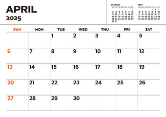 Simple desktop calendar for 2025: April, with writing space
