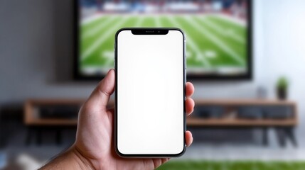 Hand holding smartphone with white screen on blurred background of football stadium
