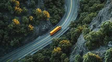 Truck Driving on a Winding Road in a Forest