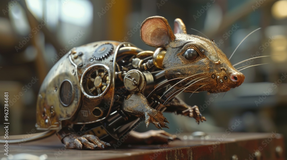 Poster a steampunk mouse robot showcasing exposed gears and mechanical components. the robot stands on a me