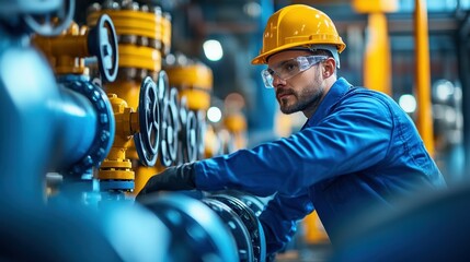 Industrial worker inspecting a complex network of pipes and valves at an oil refinery, ensuring smooth operation.