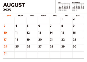 Simple desktop calendar for 2025: August, with writing space