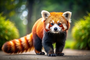 Obraz premium The cartoon red panda ambles forward on all fours, its fluffy tail swishing behind, eyes locked on the